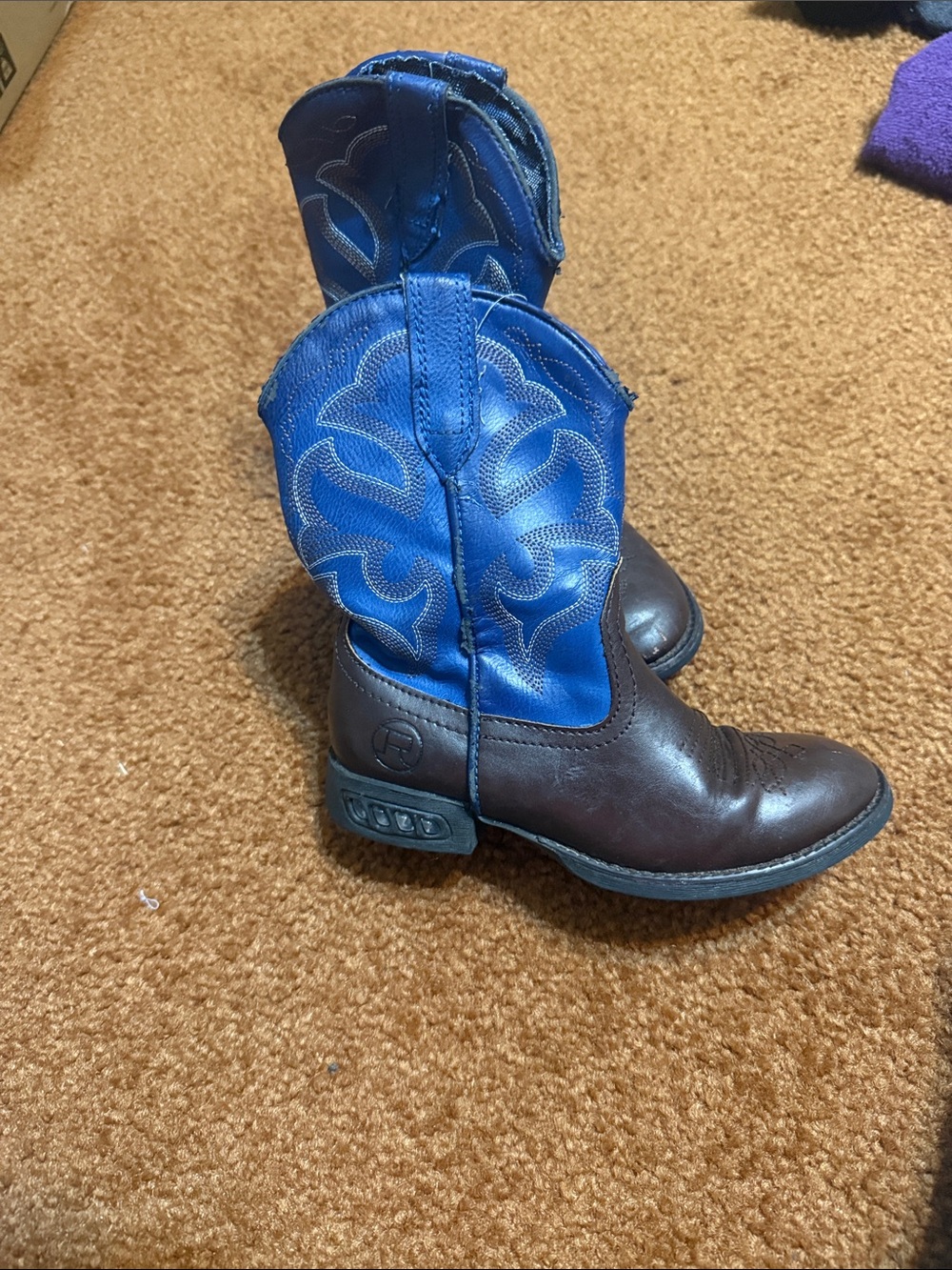 Roper Kids Brown Leather Foot with Bright Blue Embroidered Shaft Cowboy Boots